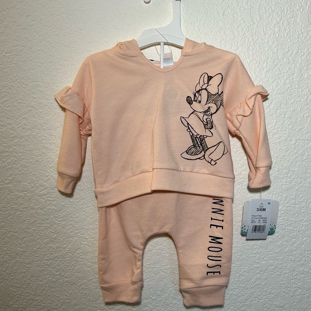 Disney Baby Minnie Mouse Hooded Sweatshirt & Joggers Set Pink Sz 3-6M